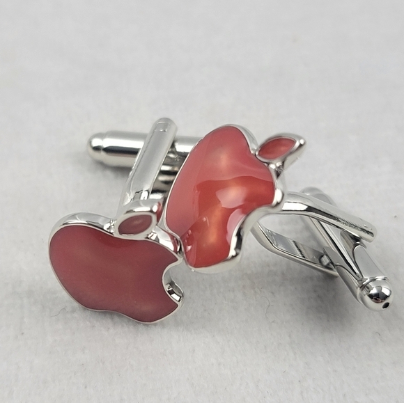 NWOT APPLE CUFFLINKS Computer Tech Geek Red Silver Tone - Picture 2 of 5